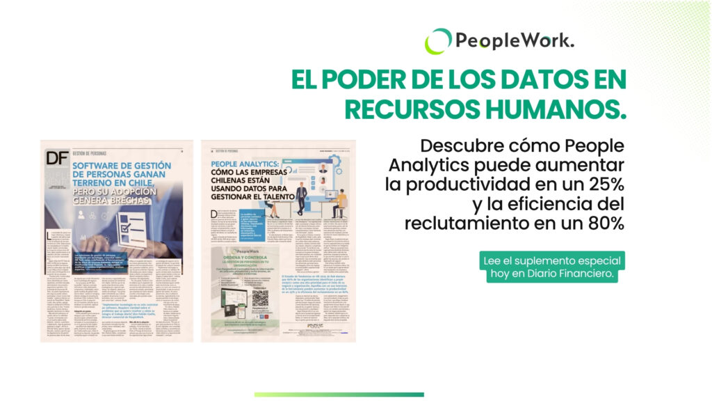 Banner publicitario de PeopleWork sobre el poder de los datos en RR. HH. y productividad con texto en español; muestra titulares de revistas y llamada a leer más.