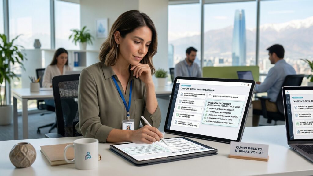 Woman at a bright office desk writes on a tablet with a stylus; two screens show a compliance document.