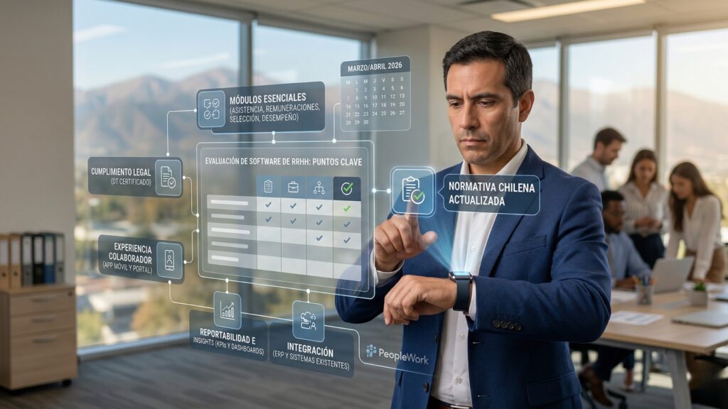 Profesional en traje interactúa con una interfaz holográfica de gestión de RRHH en una oficina moderna.