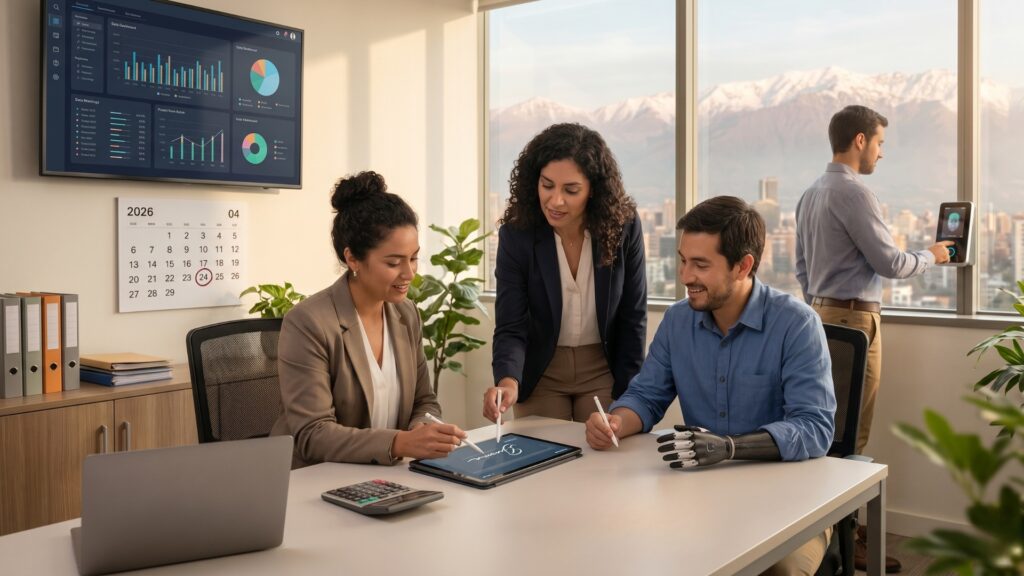 Three professionals collaborate at a bright office table, annotating a tablet beside a laptop and numbers on a wall screen.