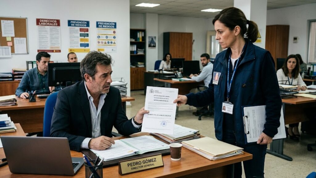 Man in a suit hands a document to a woman in a blue uniform across a desk in an office; foreground shows a nameplate reading Pedro Gómez, Director General.