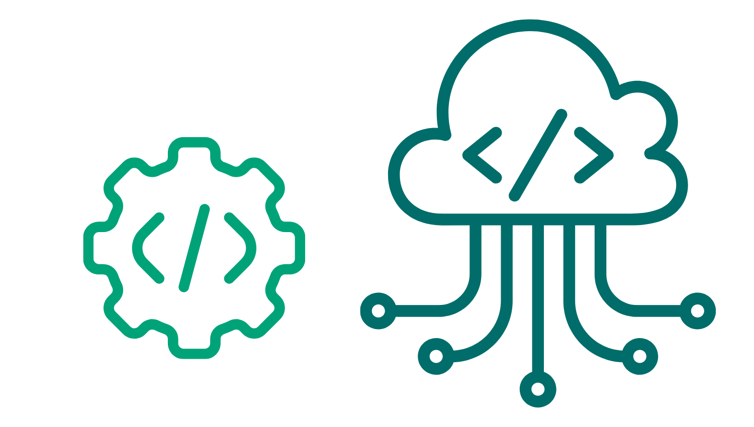 Gear icon with code brackets alongside a cloud and circuit-like lines, representing software development in the cloud