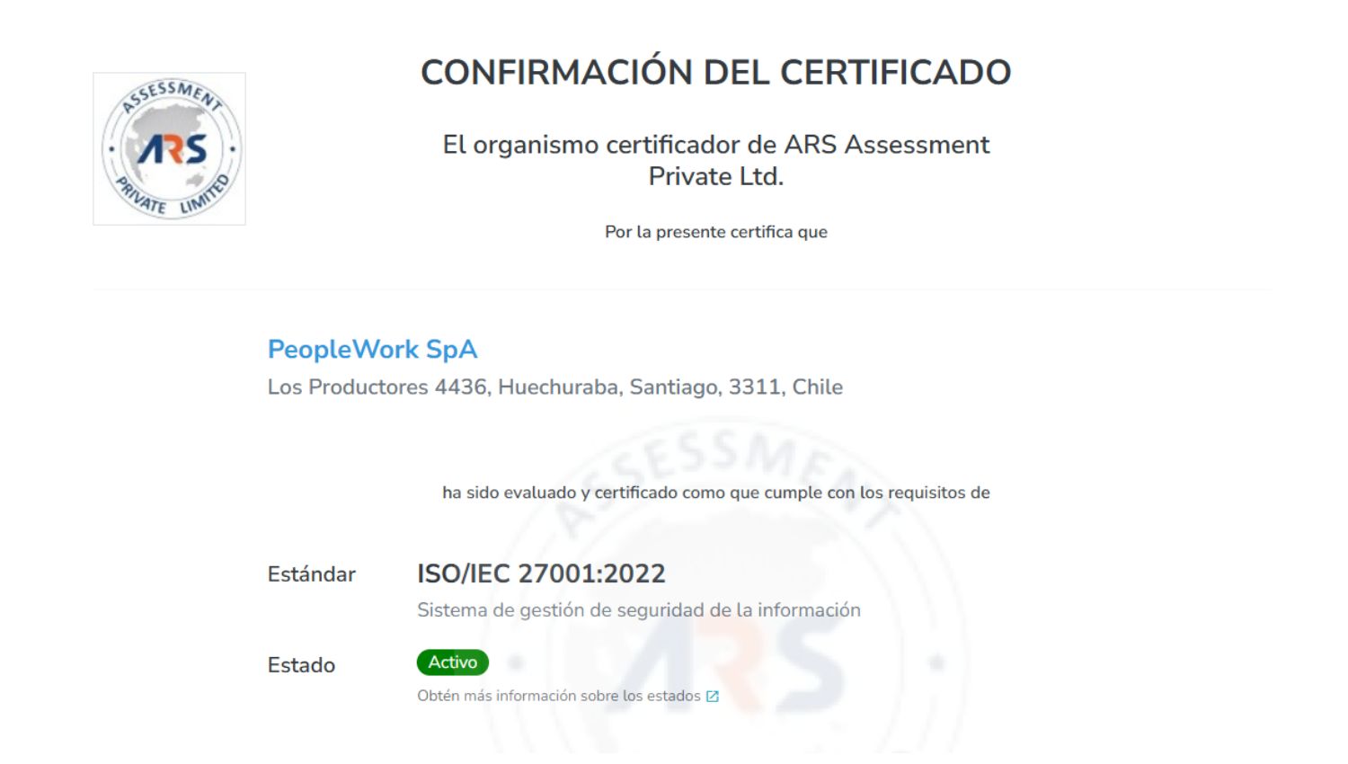 Certificate confirming ISO/IEC 27001:2022 information security management certification for PeopleWork SpA; status Active.