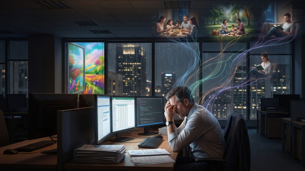 Tired office worker at his desk with multiple monitors; colorful dream-like scenes of family dinner, park picnic, and reading float above him in the night office.