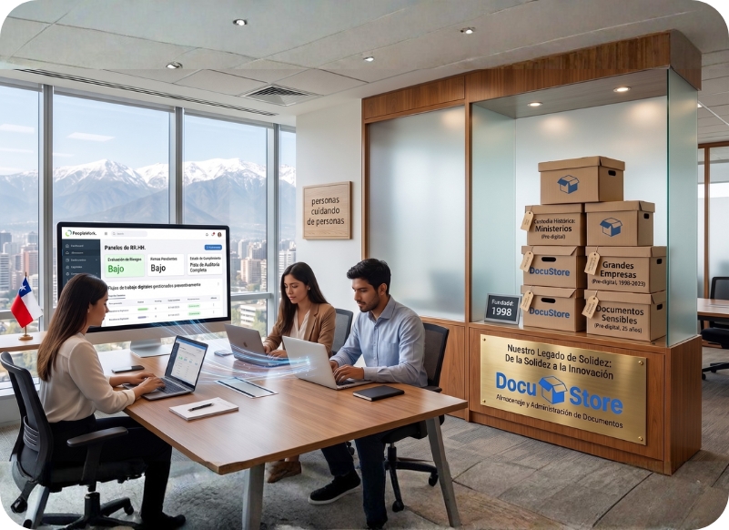 Three professionals sit around a wooden conference table in a bright office, laptops open and mountains visible through large windows behind them.",