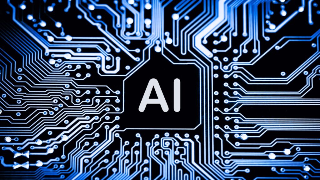 Abstract blue circuit-board background with the letters AI in gray, representing artificial intelligence technology