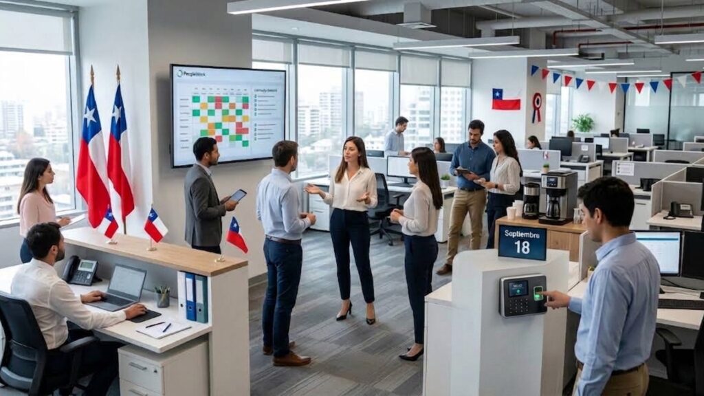 Open-plan office with Chilean flags on a counter as coworkers discuss near a large screen displaying a colorful chart.